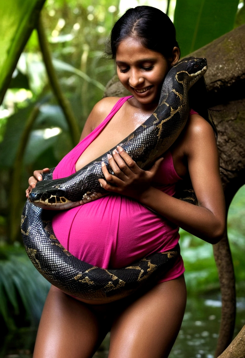 Pregnant Topless Top quality, masterpiece, super high resolution, real photo, raw photo, cute, beautiful young indian girl, happy expression, joy, glossy skin, dramatic lighting, full body, full body wet, dirty pink tank top, sheer with thin fabric, pink shirt dirty with mud, beautiful breasts, beautiful ass, butt sticking out, creepy, in the dark jungle, waterside, black large titanboa , slim, long limbs, slimy, slim Sleeping on large titanboa a large giant black titanboa wrapped around her neck, a large titanboa wrapped around her body, a titanboa’s head from between her crotches, a titanboa and a titan’s intertwining their tongues and kissing, a girl hugging giant titanbo a girl and a large titanboa staring at each other Many large anacondas horny aroused tentacle sex large object penetration nsfw snake tongue kissing blowjob bestiality