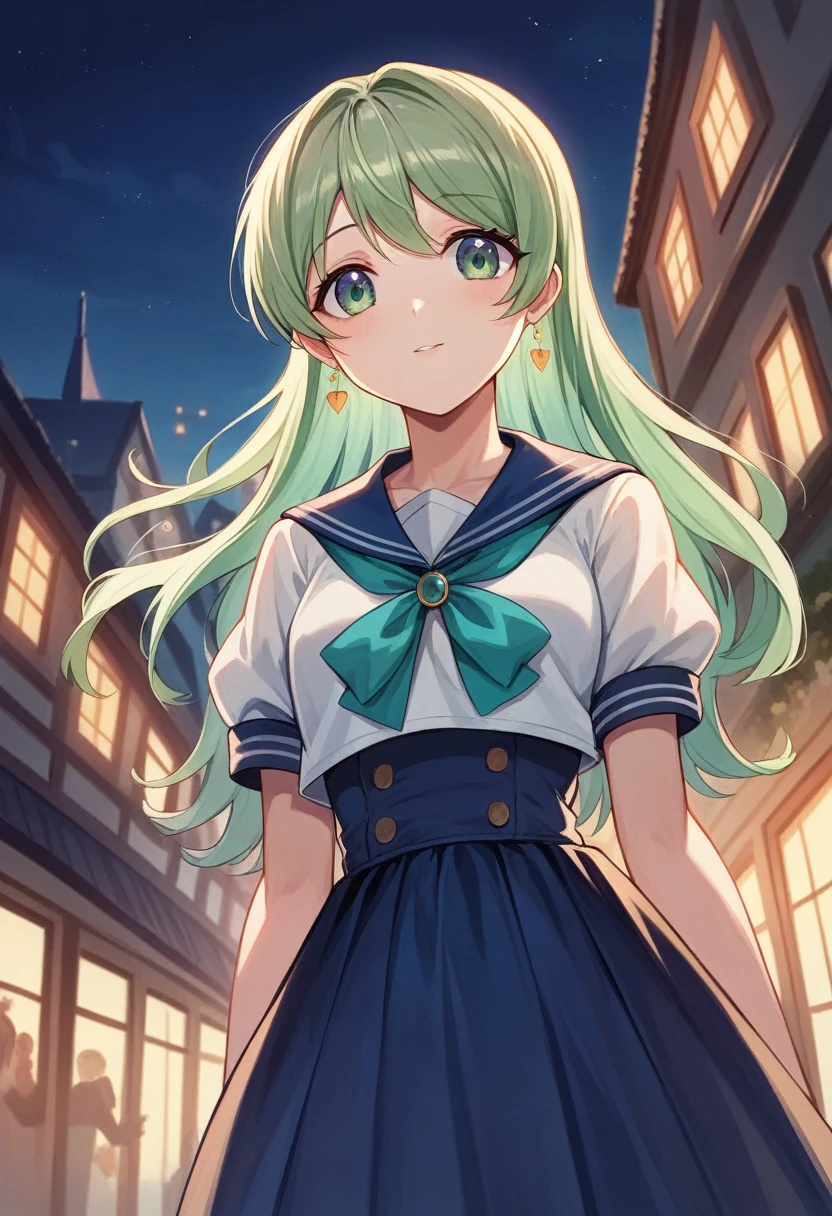 masterpiece)), ((best quality)), (ultra-detailed), ((kawaii)), cute, (lovely), ((extremely detailed)), 4K, (8K), best quality, (beautiful), dynamic angle, city, town, night, a cute girl, solo, (idol), (young entertainer), beautiful light green hair, (beautiful eyes), sailor suit,