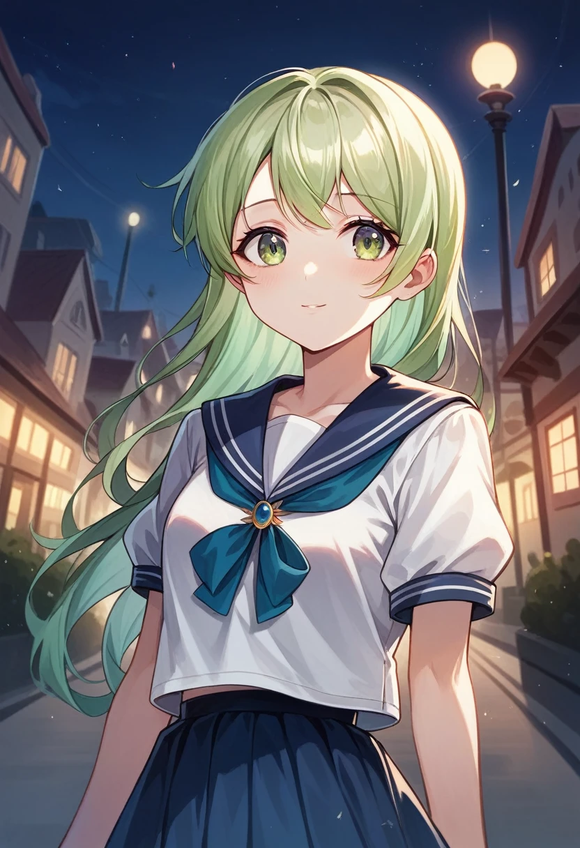 masterpiece)), ((best quality)), (ultra-detailed), ((kawaii)), cute, (lovely), ((extremely detailed)), 4K, (8K), best quality, (beautiful), dynamic angle, city, town, night, a cute girl, solo, (idol), (young entertainer), beautiful light green hair, (beautiful eyes), sailor suit,