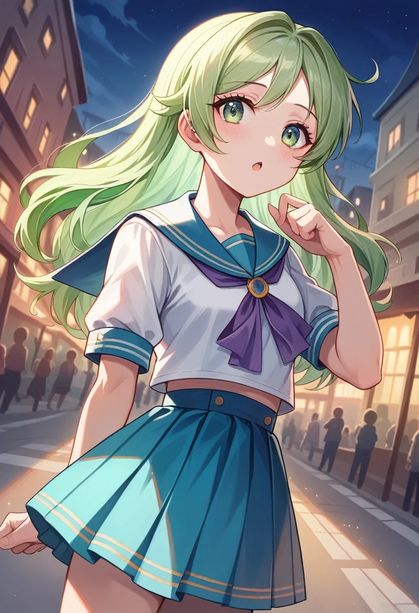 masterpiece)), ((best quality)), (ultra-detailed), ((kawaii)), cute, (lovely), ((extremely detailed)), 4K, (8K), best quality, (beautiful), dynamic angle, city, town, night, a cute girl, solo, (idol), (young entertainer), beautiful light green hair, (beautiful eyes), sailor suit,