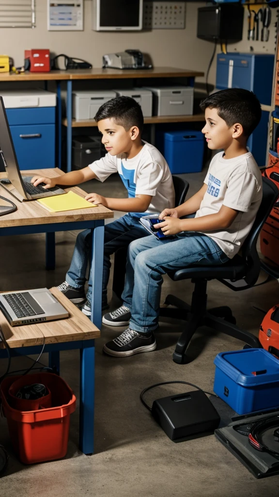 Two boys sitting beside a computer in a garage room