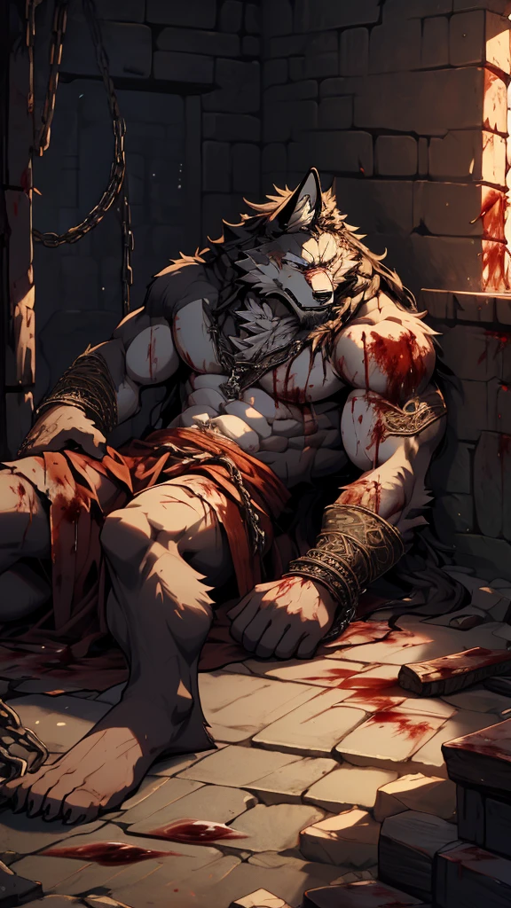 (masterpiece),(highres),(intricate details:1.4),extremely detailed,(illustration:1.2),8k,photorealistic,full body,exquisite,solo,elder male wolf,muscular,general,defeated,,(damaged body:1.4),long hair,braided hair,beard,scar,nakedured,imprisoned,dungeon,tortured,chains around body,in great pain,weak,distressed,(tattered clothes:0.8),(Warhammer 40K:0.8),aging,feeble,lying on ground,(blood:1.4),cold hard floor,chains wrapped around limbs,(iron shackles:1.2),(dim lighting:1.2),(damp air:1.2)