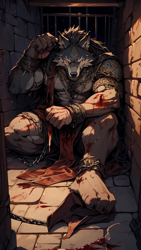 (solo),(best quality), (photorealistic:1.2), (masterpiece:1.3), (realistic detail:1.2), highest quality, ultra detailed, 8k, RAW photo, (mature male wolf:1.3), (general),(defeated),(damaged body),(extreme detail:1.3), (gray fur:1.2), facial hair, long hair, white braided hair, (blood:1,6),(elderly:1.2), (emaciated:1.3), nude, (muscular:1.3), (battered body:1.4), bleeding, (heavily scarred:1.4), shackled, (chained:1.4),(chains wrapped around his arms and main body ), (dungeon:1.3), (torture:1.3), (extreme pain:1.5), (semiconscious:1.3), (knives piercing into his chest:1.3), (weak:1.4), (suffering:1.5), (dim lighting:1.2),(dying:1.9)
