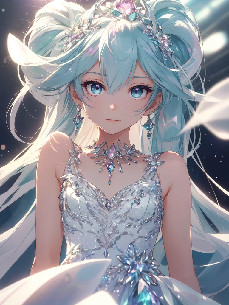 masterpiece, highest quality, figure, alexandrite eyes and hair, platinum earrings, Platinum Necklace, white dress, The Little Mermaid, cute, (dynamic lighting:1.2), cinematic lighting, delicate features, fine eyes, sharp pupils, realistic student, Depth of bounds written, Bokeh, sharp focus, (very detailed, bloom, shine:1.4), Many Small Gems, hatsune miku