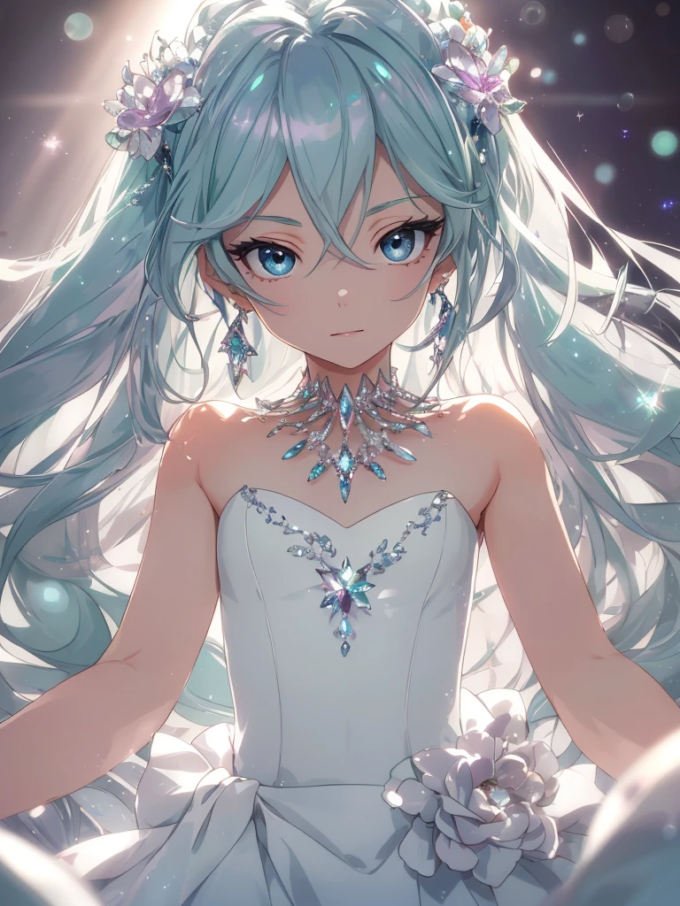 masterpiece, highest quality, figure, alexandrite eyes and hair, platinum earrings, Platinum Necklace, white dress, The Little Mermaid, cute, (dynamic lighting:1.2), cinematic lighting, delicate features, fine eyes, sharp pupils, realistic student, Depth of bounds written, Bokeh, sharp focus, (very detailed, bloom, shine:1.4), Many Small Gems, hatsune miku