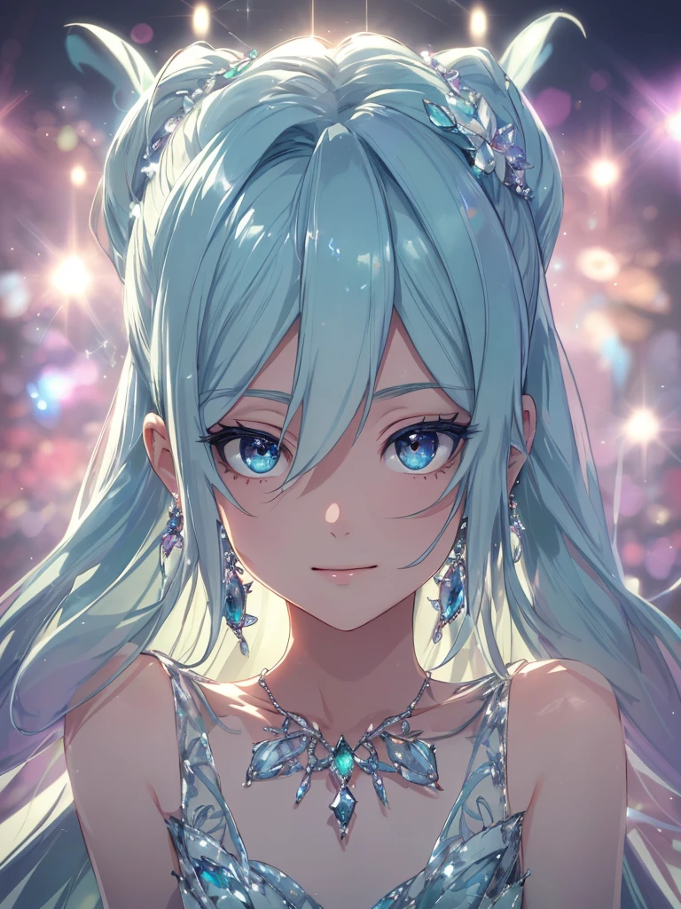 masterpiece, highest quality, figure, alexandrite eyes and hair, platinum earrings, Platinum Necklace, white dress, The Little Mermaid, cute, (dynamic lighting:1.2), cinematic lighting, delicate features, fine eyes, sharp pupils, realistic student, Depth of bounds written, Bokeh, sharp focus, (very detailed, bloom, shine:1.4), Many Small Gems, hatsune miku