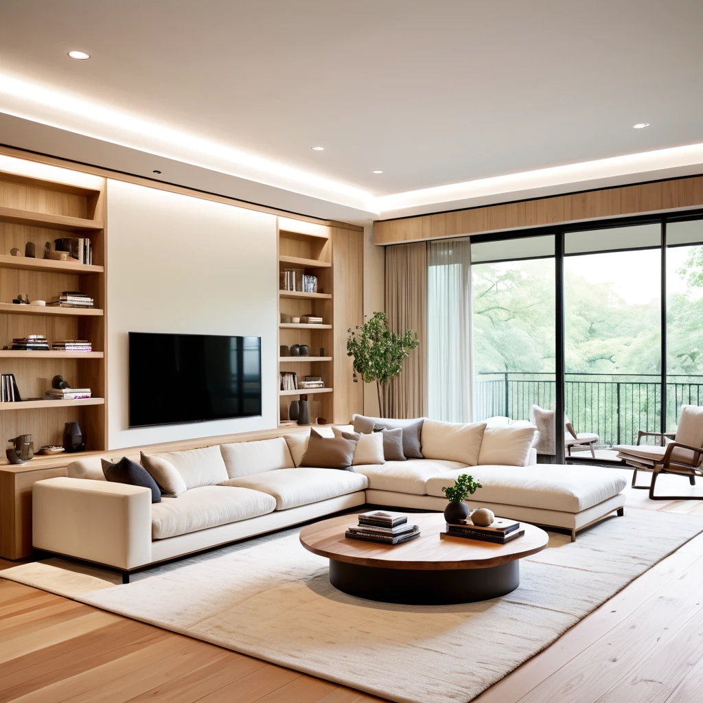 Design a modern and minimalist living room with a sleek aesthetic. The room features a large, comfortable white sectional sofa, a light wood floor, and a long, neutral-toned rug. The walls are painted a soft, light color to enhance the airy feel. A large flat-screen TV is mounted on the wall opposite the sofa, with a low-profile media console beneath it. Add subtle, built-in lighting along the ceiling and wall edges to create a warm ambiance. Include a small, round wooden side table next to the sofa for a touch of natural texture
