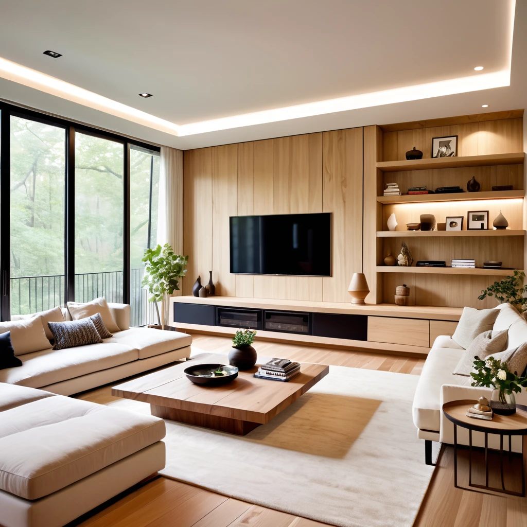 Design a modern and minimalist living room with a sleek aesthetic. The room features a large, comfortable white sectional sofa, a light wood floor, and a long, neutral-toned rug. The walls are painted a soft, light color to enhance the airy feel. A large flat-screen TV is mounted on the wall opposite the sofa, with a low-profile media console beneath it. Add subtle, built-in lighting along the ceiling and wall edges to create a warm ambiance. Include a small, round wooden side table next to the sofa for a touch of natural texture