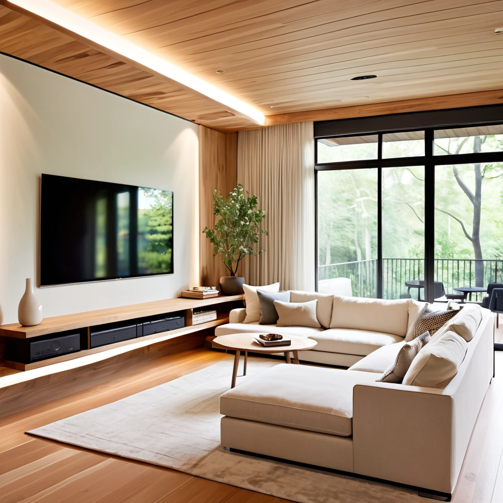 Design a modern and minimalist living room with a sleek aesthetic. The room features a large, comfortable white sectional sofa, a light wood floor, and a long, neutral-toned rug. The walls are painted a soft, light color to enhance the airy feel. A large flat-screen TV is mounted on the wall opposite the sofa, with a low-profile media console beneath it. Add subtle, built-in lighting along the ceiling and wall edges to create a warm ambiance. Include a small, round wooden side table next to the sofa for a touch of natural texture