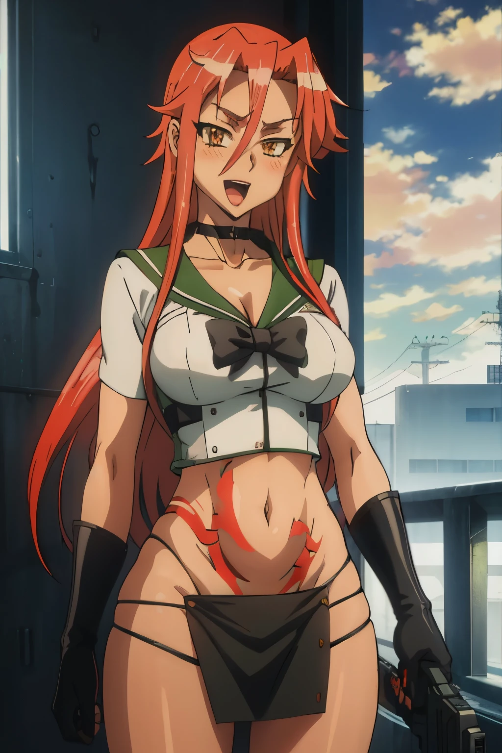 harudesu, red hair, choker, tattoo, gloves, large breast, long hair, lipstick, blush, masterpiece, best quality, highly detailed, a anime girls in sailor uniforms with a gun posing for a picture, evil smile, smile, open mouth,black_serafuku, ecchi anime style, anime girls , , ecchi style, ecchi, shipgirls, digital anime art!!, high school girls, holding a gun, hold a gun, anime style 4 k, micro skirt, exposed belly, exposed navel, exposed midriff, exposed lower belly,school, classroom,