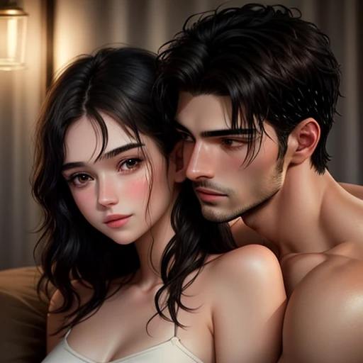 Couple kissing scene at night with rain. Dimly lit vibes. 
28-year-old man and 18-year-old girl, Detailed face, Detailed eyes, Handsome-masculine-cool-man with black hair topless and hot-seductive-sexy-beautiful-girl with light-brown medium hair and blushing face topless. Intimate vibes.