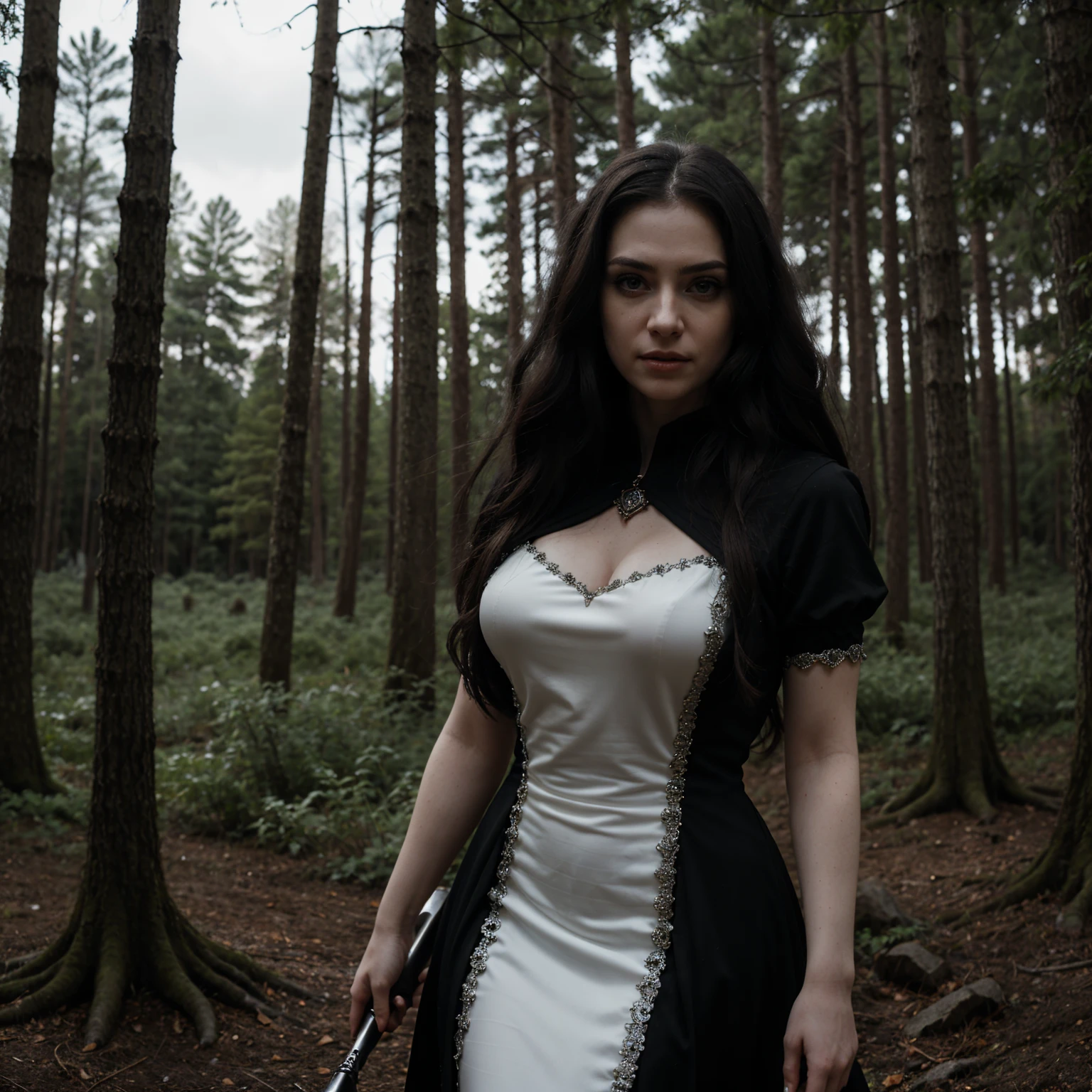 (Award-winning masterpiece:1.5), (incredible detail), (hyper realistic:1.4), (whole body:1.7), (wild warrior with a shield and club), (defending against an attack), (detailed defense pose), (dramatic lighting), (intricate details:1.1), female sexy vampire|albino, pale porcelain skin, sexy vintage black dress, smile, shallow depth of field, grin|creepy, nightfall, detailed face, night, wide hips, narrow waist, portrait of woman standing, detailed eyes, portrait of woman standing, 8k RAW photo, highest quality, looking at the viewer, best shadow, intricate details, long hair, bright eyes, forest, grave, gothic, goth detailed, highres, high quality, high saturation