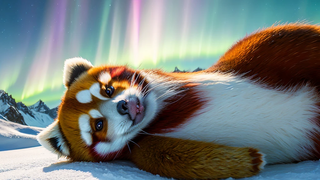 A hyper-realistic digital artwork of an adorable cute friendly red panda lying on its back in the snow, looking directly at the viewer with big and green, expressive eyes. The fur of the red panda is dense and textured, with each hair finely detailed under an aurora borealis sky. Snow gently falls around it, adding to the magical, serene atmosphere. The scene is set in the Himalayas. The color palette is dominated by shades of green and white, emphasizing a chilly, enchanting ambiance