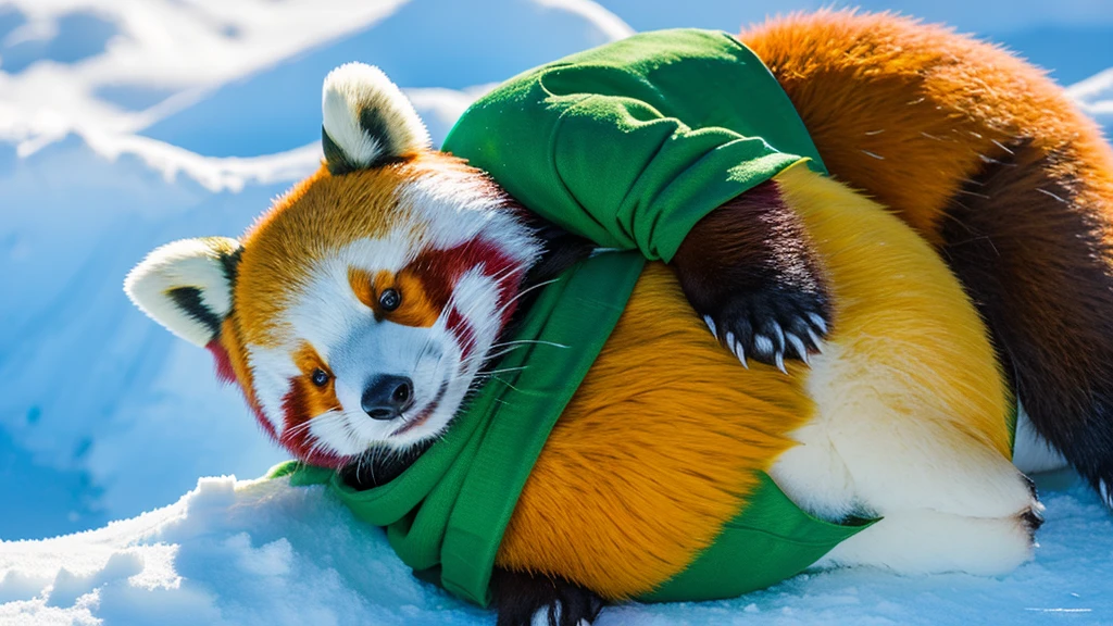 A hyper-realistic digital artwork of an adorable cute friendly red panda lying on its back in the snow, looking directly at the viewer with big and green, expressive eyes. The fur of the red panda is dense and textured, with each hair finely detailed under an aurora borealis sky. Snow gently falls around it, adding to the magical, serene atmosphere. The scene is set in the Himalayas. The color palette is dominated by shades of green and white, emphasizing a chilly, enchanting ambiance