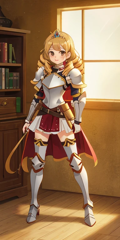 Full body Bozes 1chicasolo, long_Hair, rubio_Hair, Brown_eyes, jewelry, superior_body, lipstick, pindiintes, layer, armor, Drill_Hair, tiara, corona, shoulder_armor, red gauntlets, shoulder pads, breastpline, Style_parody, female knight, golden curls, cheered up_Colorant, looking_in_viewer