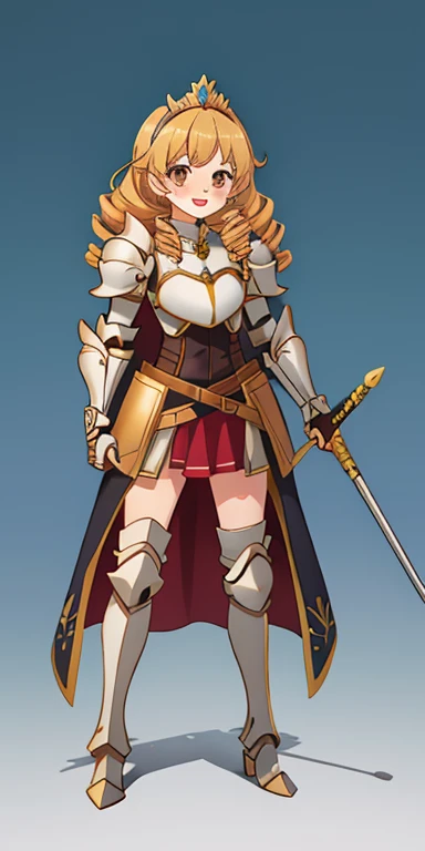 Full body Bozes 1chicasolo, long_Hair, rubio_Hair, Brown_eyes, jewelry, superior_body, lipstick, pindiintes, layer, armor, Drill_Hair, tiara, corona, shoulder_armor, red gauntlets, shoulder pads, breastpline, Style_parody, female knight, golden curls, cheered up_Colorant, looking_in_viewer