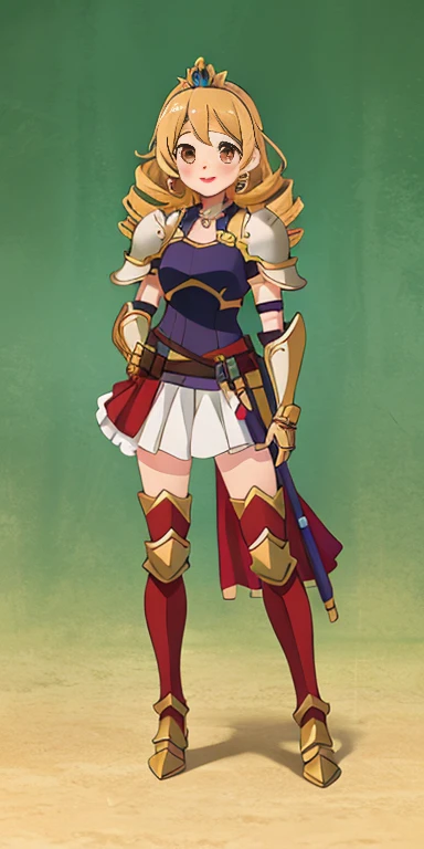 Full body Bozes 1chicasolo, long_Hair, rubio_Hair, Brown_eyes, jewelry, superior_body, lipstick, pindiintes, layer, armor, Drill_Hair, tiara, corona, shoulder_armor, red gauntlets, shoulder pads, breastpline, Style_parody, female knight, golden curls, cheered up_Colorant, looking_in_viewer