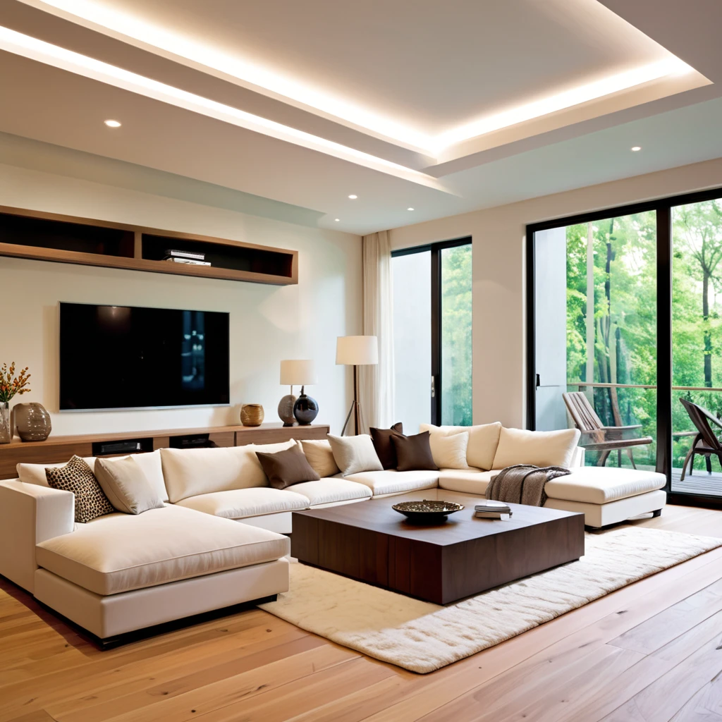 Create a contemporary and minimalistic living space that exudes elegance. The room should have a spacious white sectional sofa placed on a light wooden floor. Include a large, neutral-colored rug to add warmth to the space. The walls should be a light, soft hue to maintain the room's open and airy atmosphere. Mount a large flat-screen TV on the wall opposite the sofa, with a streamlined media console below. Integrate recessed lighting in the ceiling and along the wall edges for a cozy glow. Place a small, round wooden side table by the sofa to complement the overall design.