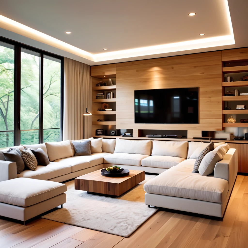 Create a contemporary and minimalistic living space that exudes elegance. The room should have a spacious white sectional sofa placed on a light wooden floor. Include a large, neutral-colored rug to add warmth to the space. The walls should be a light, soft hue to maintain the room's open and airy atmosphere. Mount a large flat-screen TV on the wall opposite the sofa, with a streamlined media console below. Integrate recessed lighting in the ceiling and along the wall edges for a cozy glow. Place a small, round wooden side table by the sofa to complement the overall design.