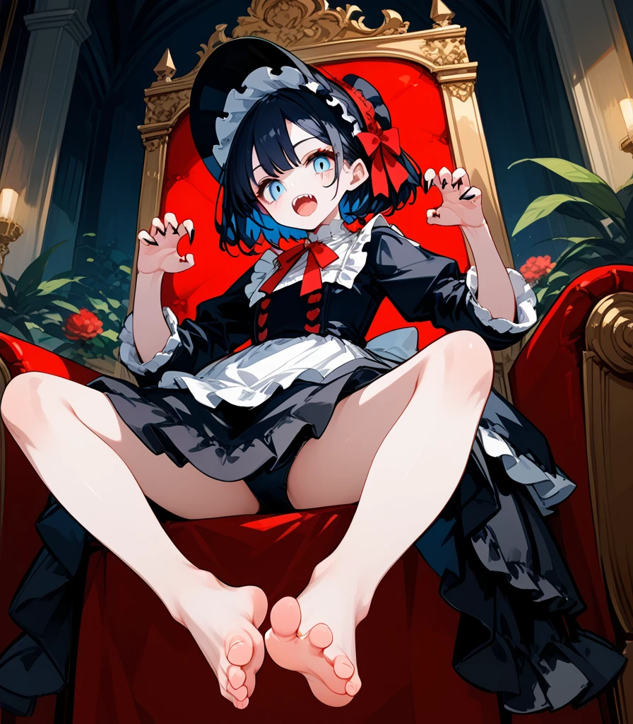 score_9, score_8_up,score_7_up,black hair,black bonnet,baggy vampire costume,darkblue hair,wavy short hair,open mouth,double teeth,claw pose,sitting on throne,barefoot,foot focus,from below,bare legs,pale skin,