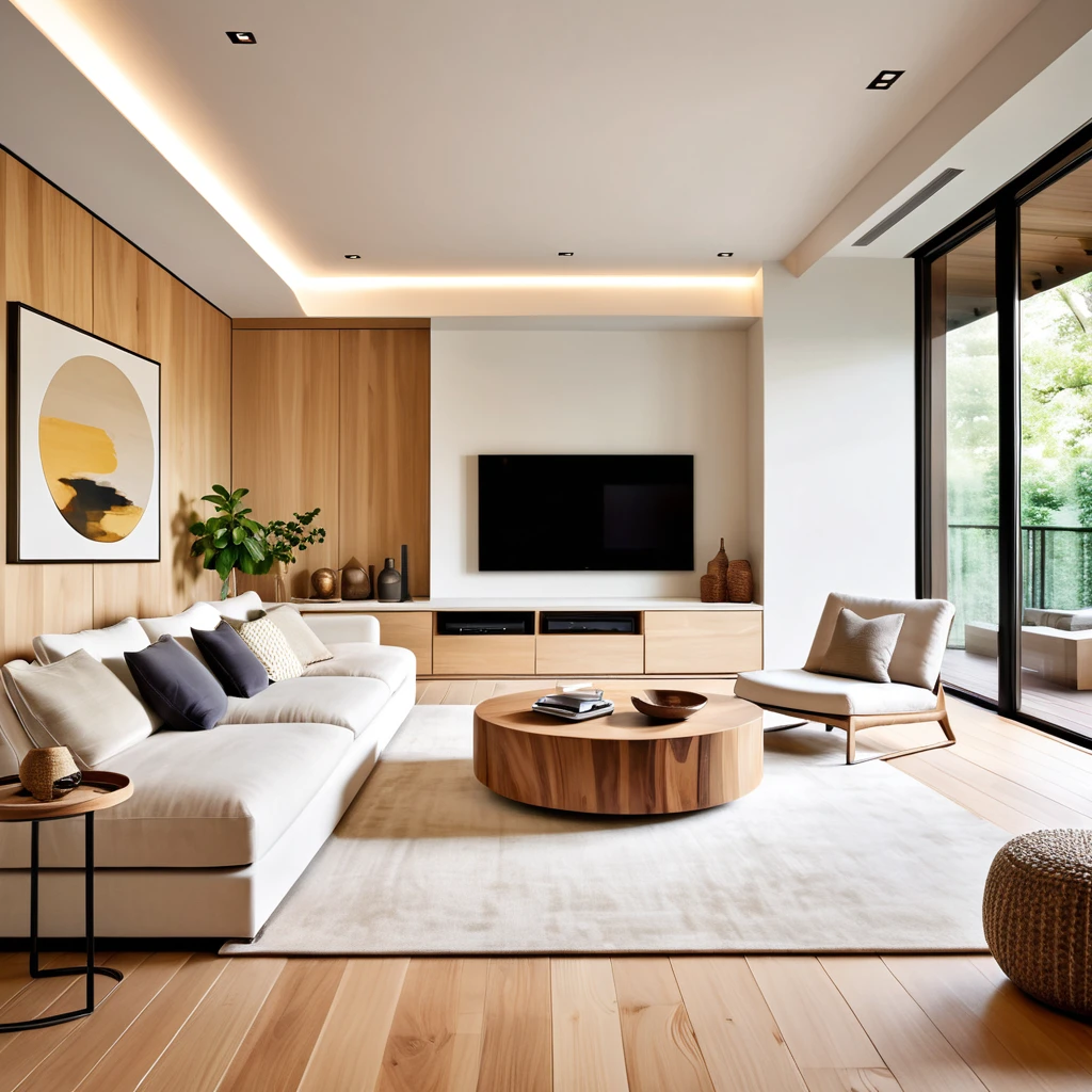 Design a sleek and modern living room with a minimalist approach. The space features a large white sectional sofa set on a light wood floor, accompanied by a neutral-toned rug. The walls are painted in a soft, light color to enhance the room's brightness. A large flat-screen TV is mounted on the wall facing the sofa, with a minimalist media console underneath. Add integrated lighting along the ceiling and wall edges to create a warm and inviting atmosphere. Include a small, round wooden side table next to the sofa to add a natural element to the contemporary design.