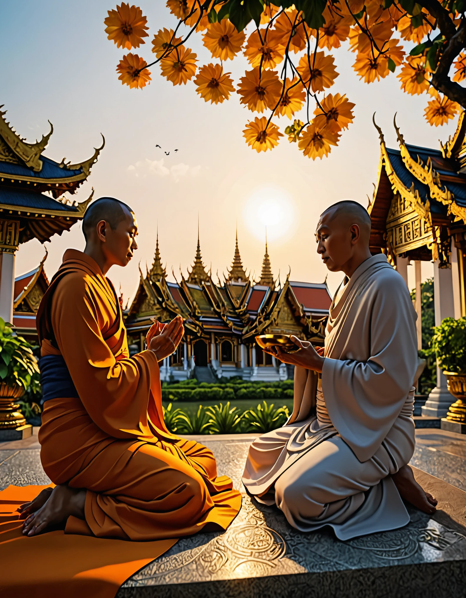 Monks in Thailand meditate, clothed but not wearing angsa. Has clear muscles, white skin, and a handsome face. Beaming Looks happy while meditating. Three people had their heads freshly shaved and their eyebrows shaved. All three of them sat and caressed a large yellow candle. The background is a Thai-style golden pagoda at night. There is a full moon floating in the middle of the sky with twinkling stars. Realistic picture.
