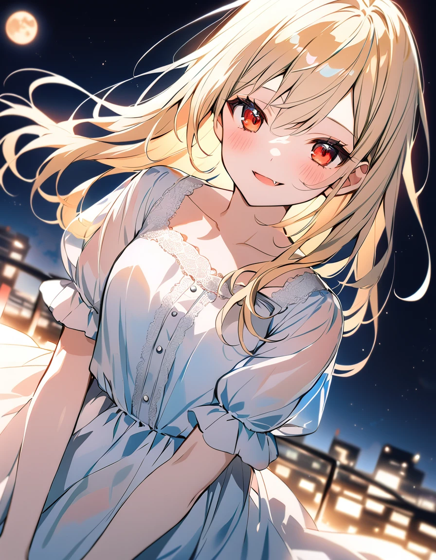 Night, moon, night view, city./ 1 vampire girl, solo. /shiny Smile, parted lips, fang./ moist skin, collarbone./ blonde hair, Each strand of hair is fine.hair between eyes, disheveled hair./ Red eyes, Eyes with catchlights. Long and thin eyelashes. / frilled White dress, puffy short sleeves./ dutch angle./ Light Leaks./ Illustrations with a fresh, translucent, transparent feel. Transparent watercolor. High quality, delicate and precise./ Focus on the person and blur the background.