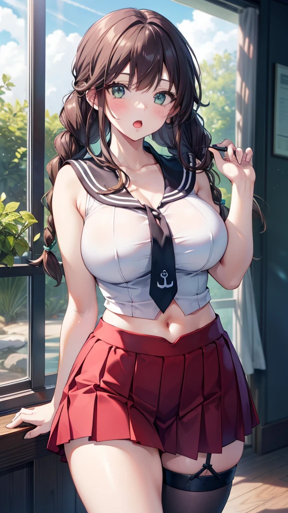 ,Open mouth, large breasts,wide hips,,twin braids,brown hair,long hair,blush,,standing,cowboy shot,navel,single thighhigh,sleeveless,red skirt,black necktie,white groves,white shirt,black sailor collar,Bright glossy screen,,black hair,,open mouth, ,,huge breasts,,narrow waist,navel , eyelashes, eyeshadow, lips,, 8k, hdr, raytracing