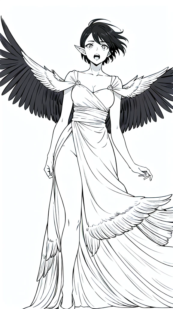 1woman,30s,scared,open mouth,short hair,black hair,pointy ears,harpy,wings,no arms,(white background,line drawing),