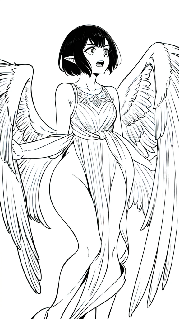 1woman,30s,scared,open mouth,short hair,black hair,pointy ears,harpy,wings,no arms,(white background,line drawing),