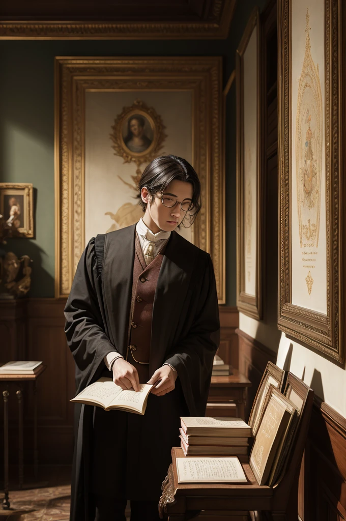 Scholar reading books, classical painting, aesthetic
