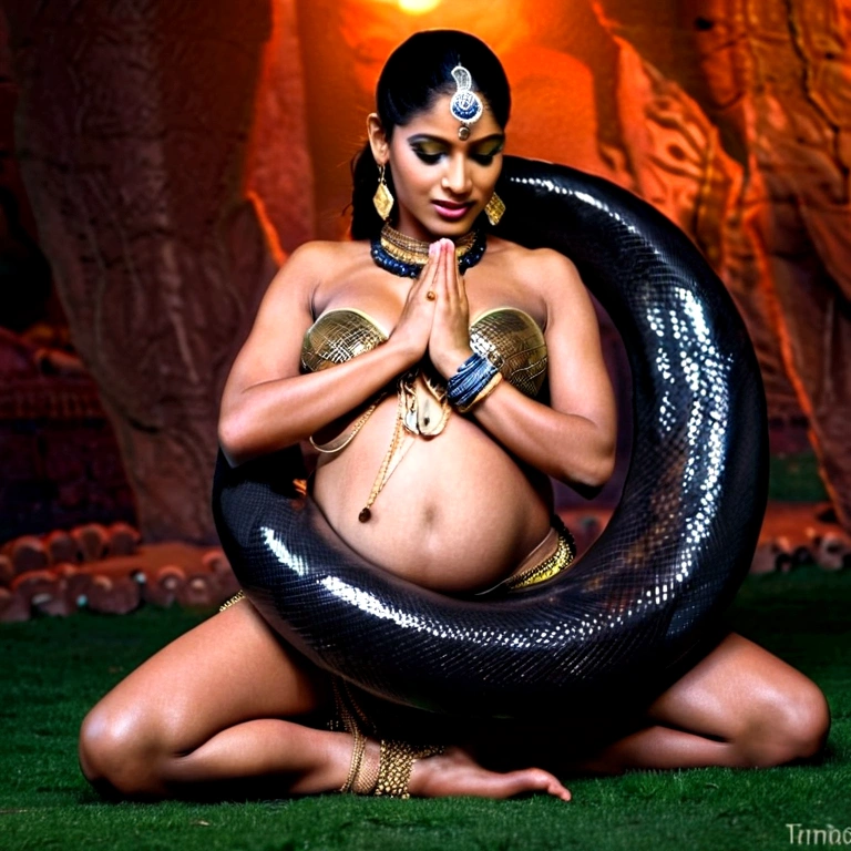   Pregnant Happy Horny, aroused 1girl), beautiful kneeling indian  girl  with  giant colossal black titanboa squeezing her hard, wrapped in thick spiraling coils, constricted, struggle, gasping for air, snake attack, snake peril, moonless night, dim light