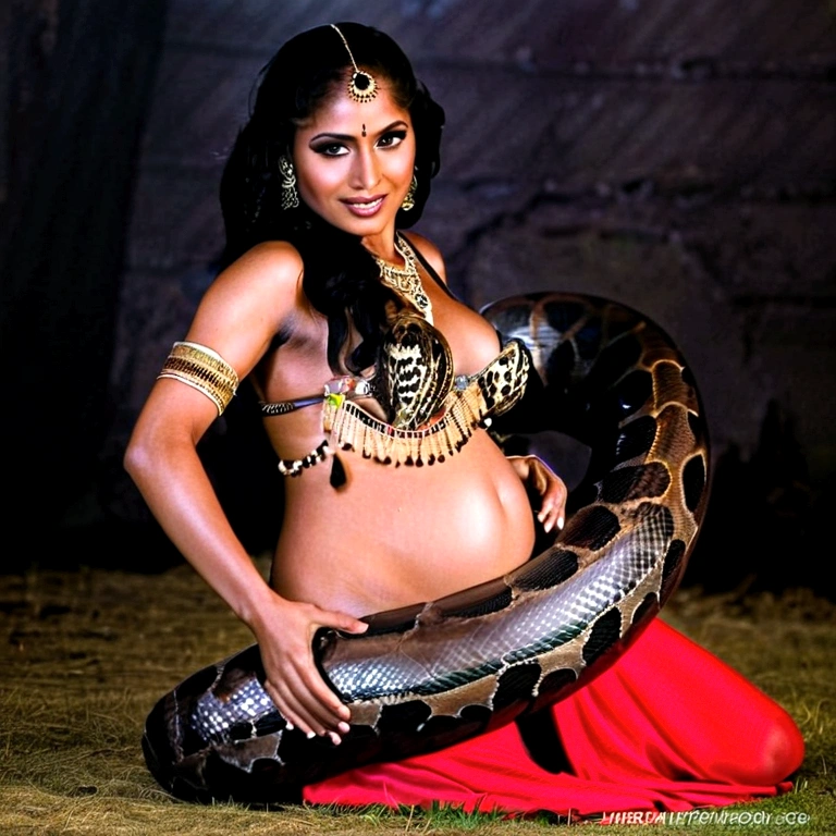 Pregnant topless Happy Horny, aroused 1girl), beautiful kneeling indian young belly dancer girl with giant black Titanboa squeezing her hard, wrapped in thick spiraling coils, constricted, struggle, gasping for air, snake attack, snake peril, moonless night, dim light
