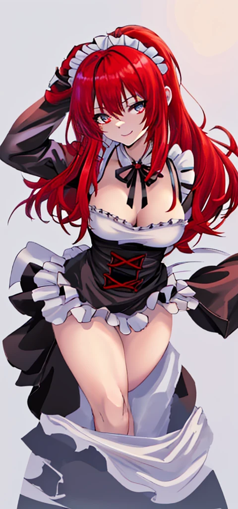 Red hair，Hair growing to the neck，Slightly short，Self-made roll，Black maid outfit，Cold expression，1.53 meters，Big Breasts，Shorter，Good posture，Sharp eyes，High and cold，Smiling，Front view，The body is strong，