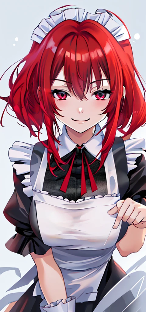 Red hair，Hair growing to the neck，Slightly short，Self-made roll，Black maid outfit，Cold expression，1.53 meters，Big Breasts，Shorter，Good posture，Sharp eyes，High and cold，Smiling，Front view，The body is strong，