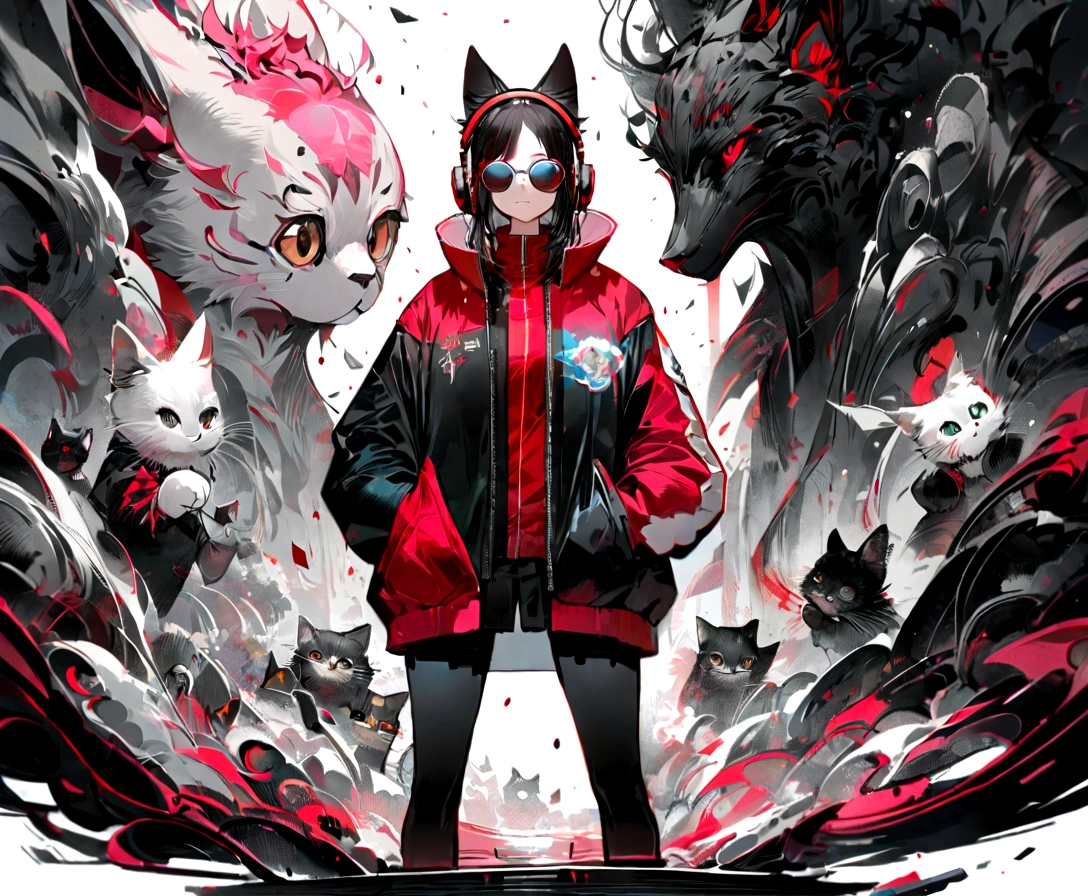 Perfect centering, a cute little cat, Wear a student team jacket, Wearing sunglasses, Wearing headphones, cheerfulness, Standing position, Abstract beauty, Centered, Looking at the camera, Facing the camera, nearing perfection, Dynamic, Highly detailed, smooth, Sharp focus, 8K, high definition resolution, illustration, Art by Carne Griffiths and Wadim Kashin, White background