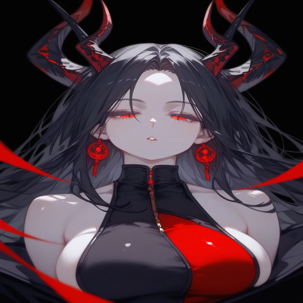masterpiece, Score_9, Score_8_up, Score_7_up, front view, 1 woman, alone, black hair with red, long hair, parted bangs, dark red eyes, half-closed eyes, parted lips, expressionless, pale skin, large breasts, body suit, black bottom, best quality, horns up, long open bangs, black sleeveless shirt, black V-neck, red baggy pants, high heels.