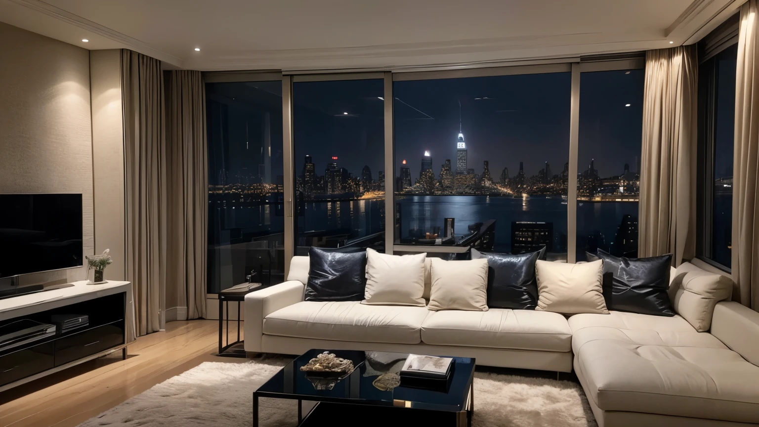 luxury apartment in new york at night with a lot of money everywhere