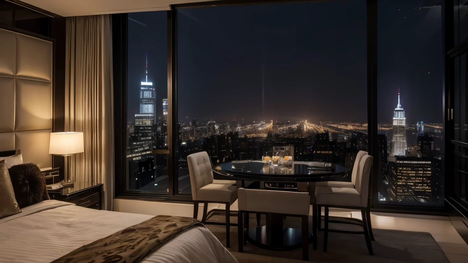 luxury apartment in new york at night with a lot of money everywhere