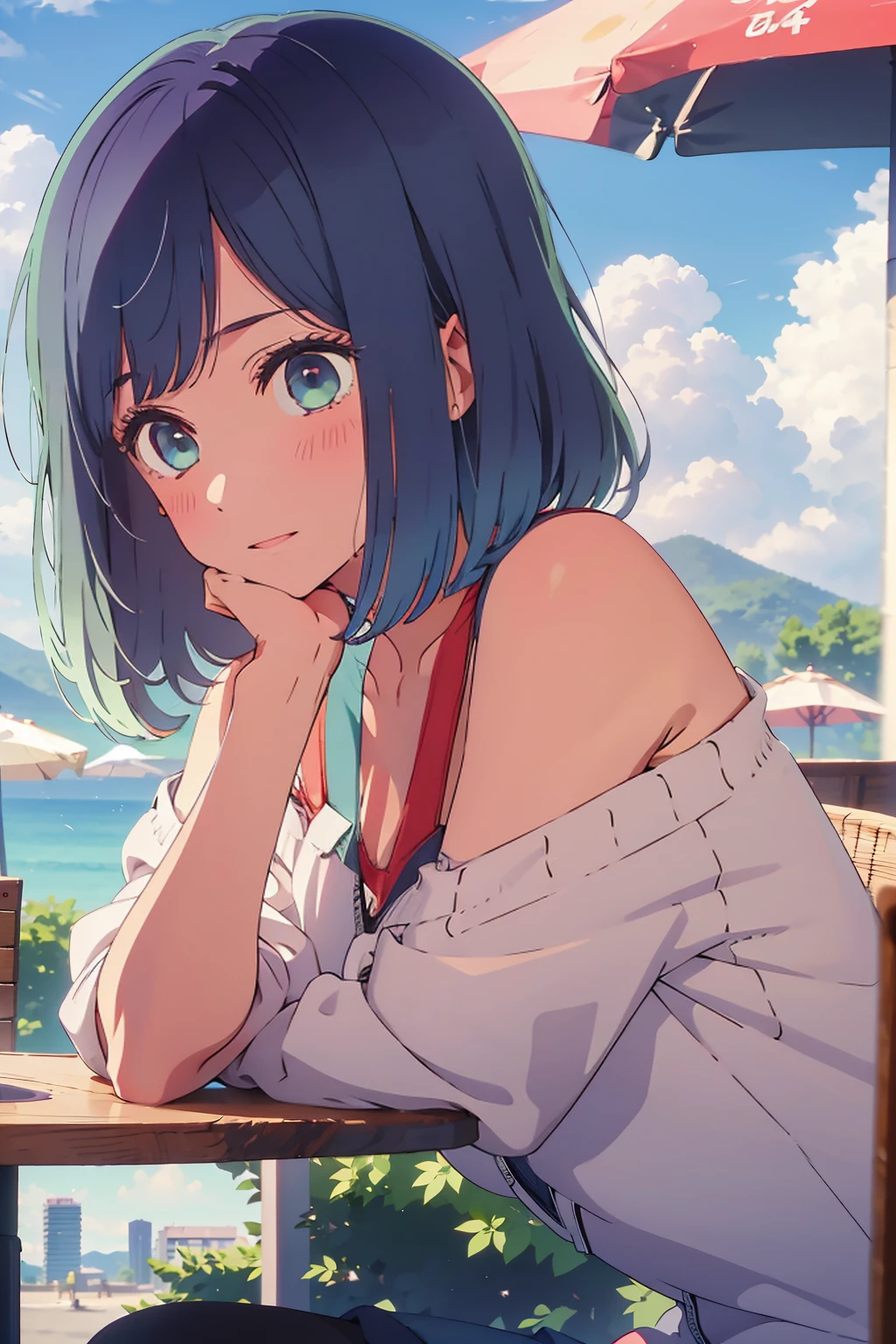 (Highest quality:1.4、8K:1.4、detailed)、F cup bust、Big Breasts、Slim body、Very white beautiful skin、((((1 person、Surprised expression、sit、Chair、In the background are the urban buildings of Tokyo、looking at the camera、Outdoor café terrace、Navy hair color、juice、Shooting up close、table、Very cute face))))、((((nude、Areola))))、(Touching cheeks with both hands pose:1.4、Cheek resting on hand:1.4)、Off-the-shoulder zip-up jacket、Very blue sky、A completely cloudless sky