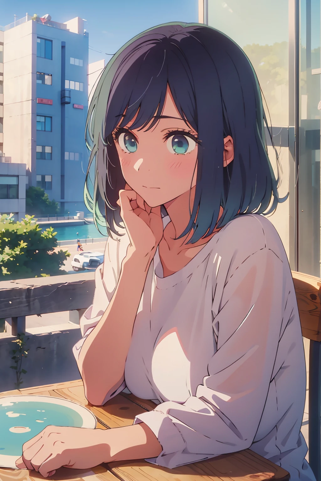 (Highest quality:1.4、8K:1.4、detailed)、F cup bust、Big Breasts、Slim body、Very white beautiful skin、((((1 person、Surprised expression、sit、Chair、In the background are the urban buildings of Tokyo、looking at the camera、Outdoor café terrace、Navy hair color、juice、Shooting up close、table、Very cute face))))、((((nude、Areola))))、(Touching cheeks with both hands pose:1.4、Cheek resting on hand:1.4)、Off-the-shoulder zip-up jacket、Very blue sky、A completely cloudless sky