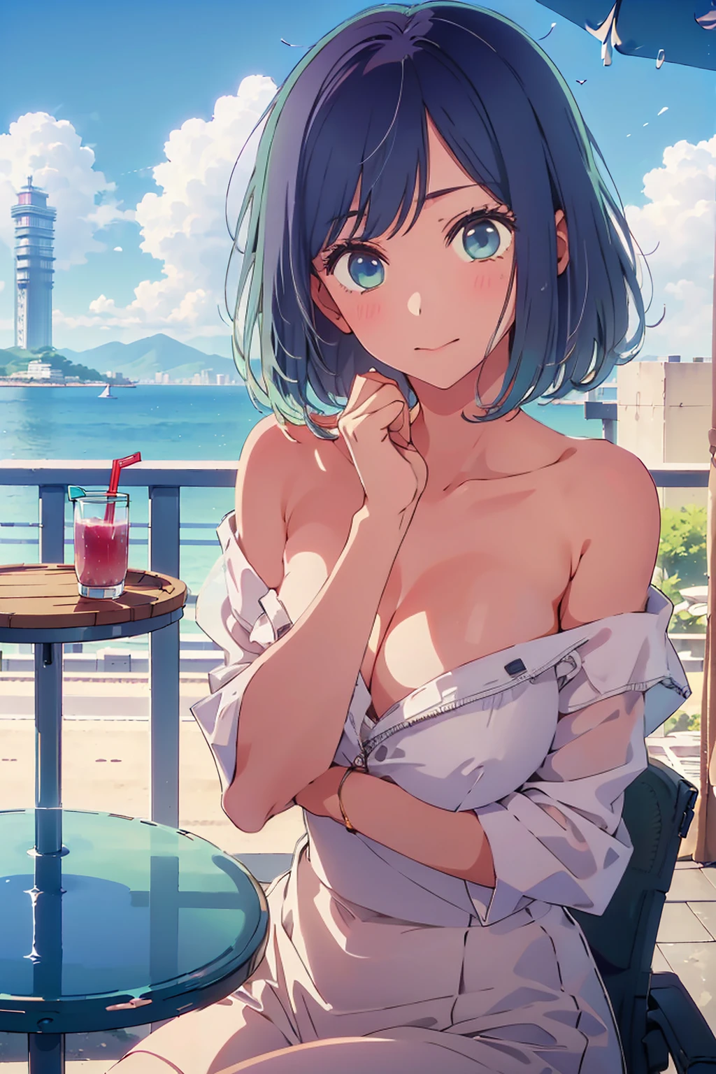 (Highest quality:1.4、8K:1.4、detailed)、F cup bust、、Slim body、Very white beautiful skin、((((1 person、Surprised expression、sit、Chair、In the background are the urban buildings of Tokyo、looking at the camera、Outdoor café terrace、Navy hair color、juice、Shooting up close、table、Very cute face))))、((((nude、Areola、(Toucheeks with both hands pose:1.4、Cheek resting on hand:1.4)、Off-the-shoulder zip-up jacket、Very blue sky、A completely cloudless sky