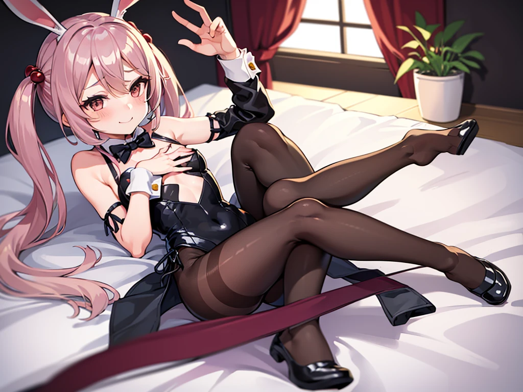 1girl, solo, rabbit ears,, black rabbit ears, bunny-girl outfit, playboy bunny,, impish smile, ,flat breasts,(flat chest, 5yo), leotard, pantyhose, black pantyhose, rabbit tail, indoors, on bed,,twintails,pink_hair,sazanami (kancolle) ,masterpiece, best quality,