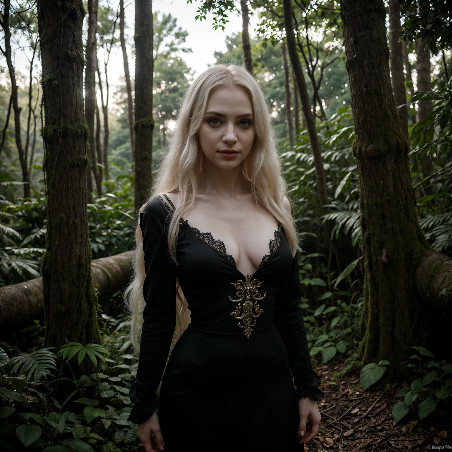 (Award-winning masterpiece:1.5), (incredible detail), (hyper realistic:1.4), (whole body:1.7), (jungle warriors ambushing from the trees), (stealth and strategy), (detailed ambush scene), (dramatic lighting), (intricate details:1.1), female sexy vampire|albino, pale porcelain skin, sexy vintage black dress, smile, shallow depth of field, grin|creepy, nightfall, detailed face, night, wide hips, narrow waist, portrait of woman standing, detailed eyes, portrait of woman standing, 8k RAW photo, highest quality, looking at the viewer, best shadow, intricate details, long hair, bright eyes, forest, grave, gothic, goth detailed, highres, high quality, high saturation