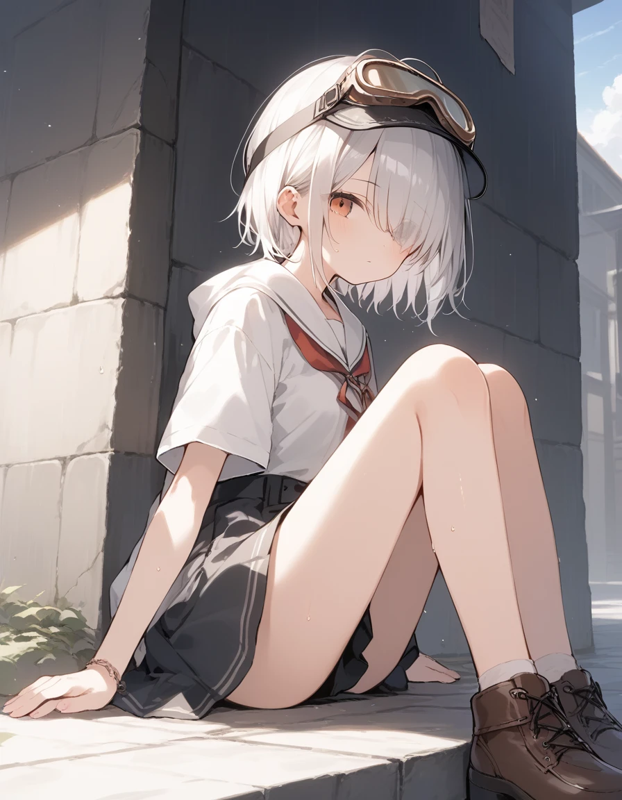 score_9, score_8_up, score_7_up, source_anime, best quality, masterpiece, official art, absurdres, highres, ultra-detailed,waifu2x,Collection: Slice of Life,break,1girl, 15-year-old, short hair, hair over one eye, small breasts, beautiful detailed eyes, cap, goggles on headwear, skirt, sit, sweat, expressionless, sleepily, fantasy, outdoors, wind, break,(clear line illustration:1.2),very high resolution, very aesthetic, super detailed skin, Best cinematic lighting powered by famous artist, 8k, beauty illustration,photoshop_(medium),,(Detailed Lighting),best anime 8k konachan wallpaper, pixiv contest winner,