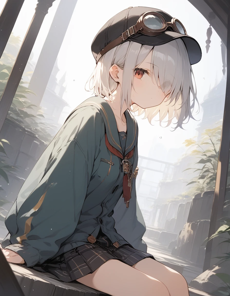 score_9, score_8_up, score_7_up, source_anime, best quality, masterpiece, official art, absurdres, highres, ultra-detailed,waifu2x,Collection: Slice of Life,break,1girl, -yeld, st hair, hair over one eye, small breasts, beautiful detailed eyes, cap, goggles on headwear, skirt, sit, sweat, expressionless, sleepily, fantasy, outdoors, wind, break,(clear line illustration:1.2),very high resolution, very aesthetic, super detailed skin, Best cinematic lighting powered by famous artist, 8k, beauty illustration,photoshop_(medium),,(Detailed Lighting),best anime 8k konachan wallpaper, pixiv contest winner,