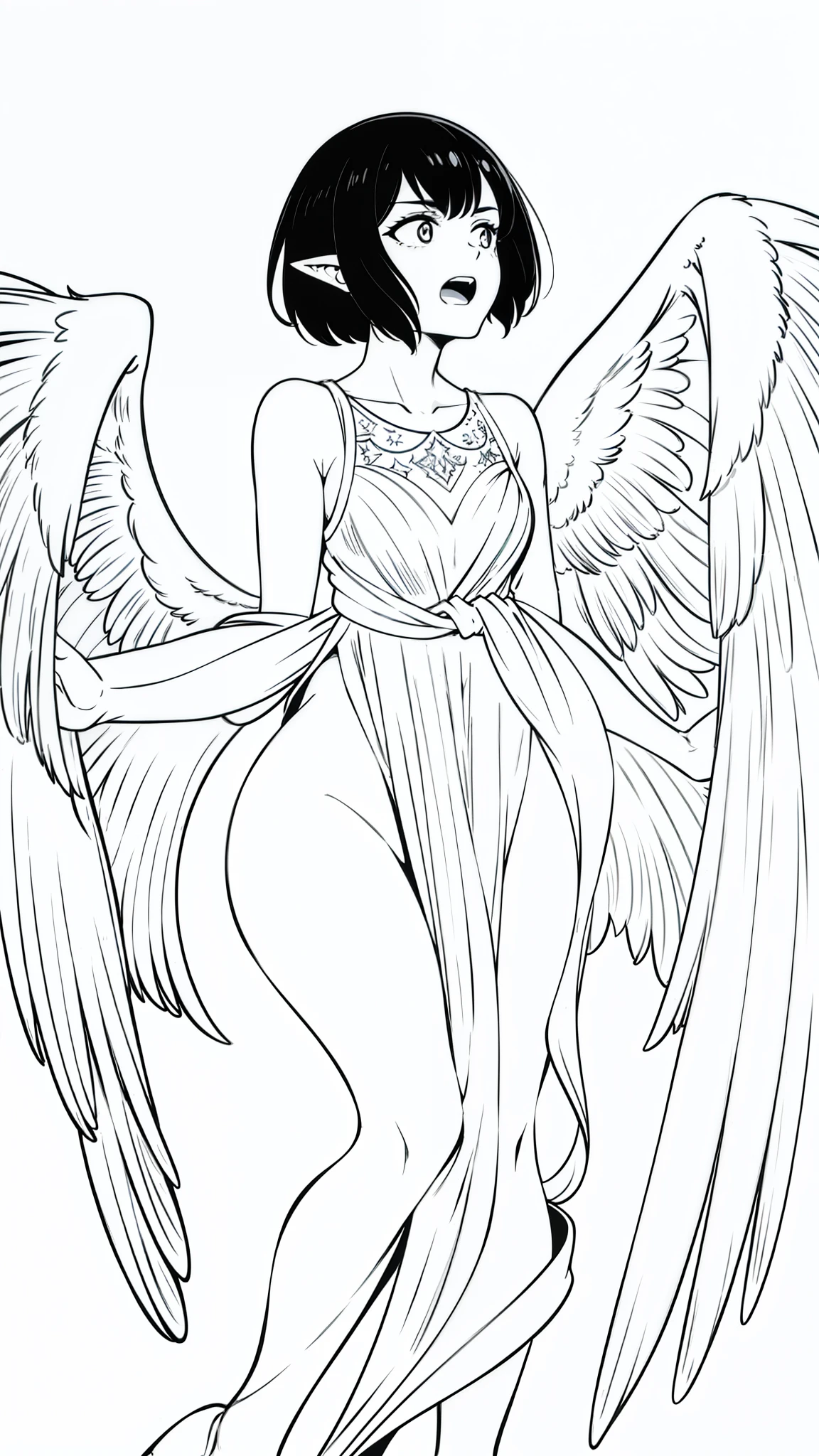 1woman,30s,scared,open mouth,short hair,black hair,pointy ears,harpy,wings,no arms,(white background,line drawing),