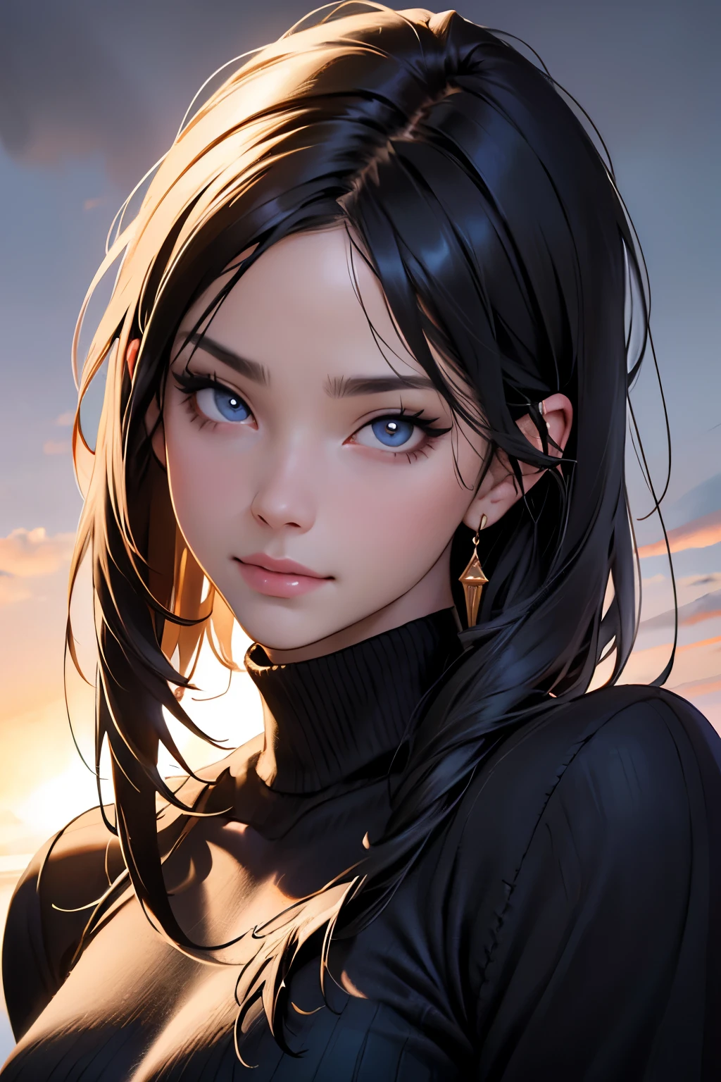 best qualityer, ultra-High definition, (photorrealistic:1.4),Sunset light, hypdertailed, Korean women, detailed photo, smiling, sensuous, black jersey, front camera, close up (work of art: 1.3), (8K, photorrealistic, best qualityer: 1.4), (1 girl), beautiful face, (lifelike face), (Bblack hair, shorth hair: 1.3), beautiful hairstyle, realisticeyes, beautiful and detailed eyes, (realisic skin), beautiful fur, (sweater), absurdrez, appealing, ultra high resolution, ultra realistic, High definition, golden ratio