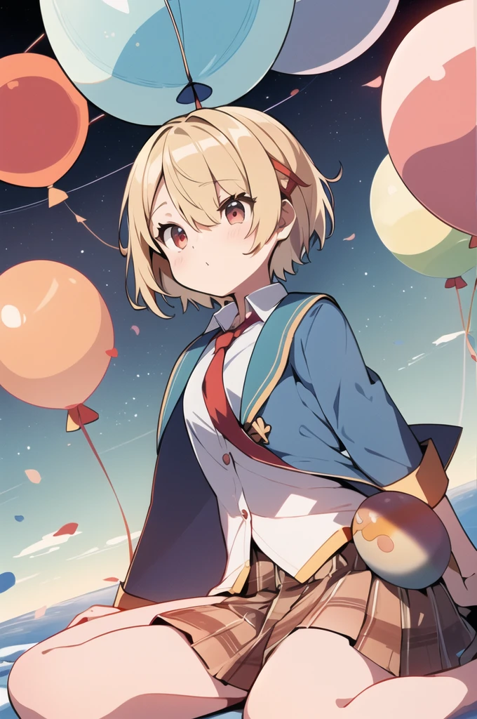 ([balloon:small planets:0.5]:1.4), (small_planets inside of balloon:1.4), (A lot of colorful small_planets:1.35)
(colorful planets, Earth, Floating Petals, big balloon:1.22),
1 Girl, Cute face,
whole body, Sitting, Beautiful eyes in every detail, barefoot, Outfit combinations, goddess, Perfect body, [Browsing Caution:0.88]
(Sitting on ice_planet:1.22)
(A lot of [Floating blue butterfly:floating ice:0.4]:1.22)
(Detailed light), (Very delicate and beautiful), Volumetric Light, Best Shadow,Cinema Lighting, Depth of written boundary, Dynamic Angle, Oily skin,(Barrette)、(((Hair on one eye)))、(((Blonde short hair))),(Red eyes)、(((Blue blazer)))、(White shirt)、(Red tie)、(((Brown plaid skirt)))、