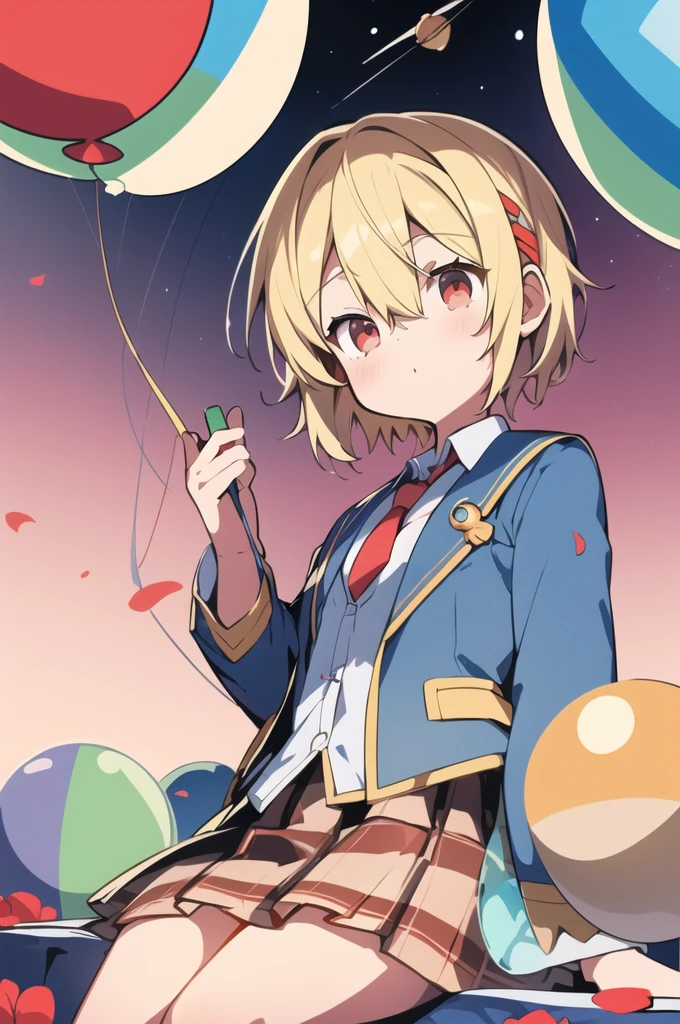 ([balloon:small planets:0.5]:1.4), (small_planets inside of balloon:1.4), (A lot of colorful small_planets:1.35)
(colorful planets, Earth, Floating Petals, big balloon:1.22),
1 Girl, Cute face,
whole body, Sitting, Beautiful eyes in every detail, barefoot, Outfit combinations, goddess, Perfect body, [Browsing Caution:0.88]
(Sitting on ice_planet:1.22)
(A lot of [Floating blue butterfly:floating ice:0.4]:1.22)
(Detailed light), (Very delicate and beautiful), Volumetric Light, Best Shadow,Cinema Lighting, Depth of written boundary, Dynamic Angle, Oily skin,(Barrette)、(((Hair on one eye)))、(((Blonde short hair))),(Red eyes)、(((Blue blazer)))、(White shirt)、(Red tie)、(((Brown plaid skirt)))、